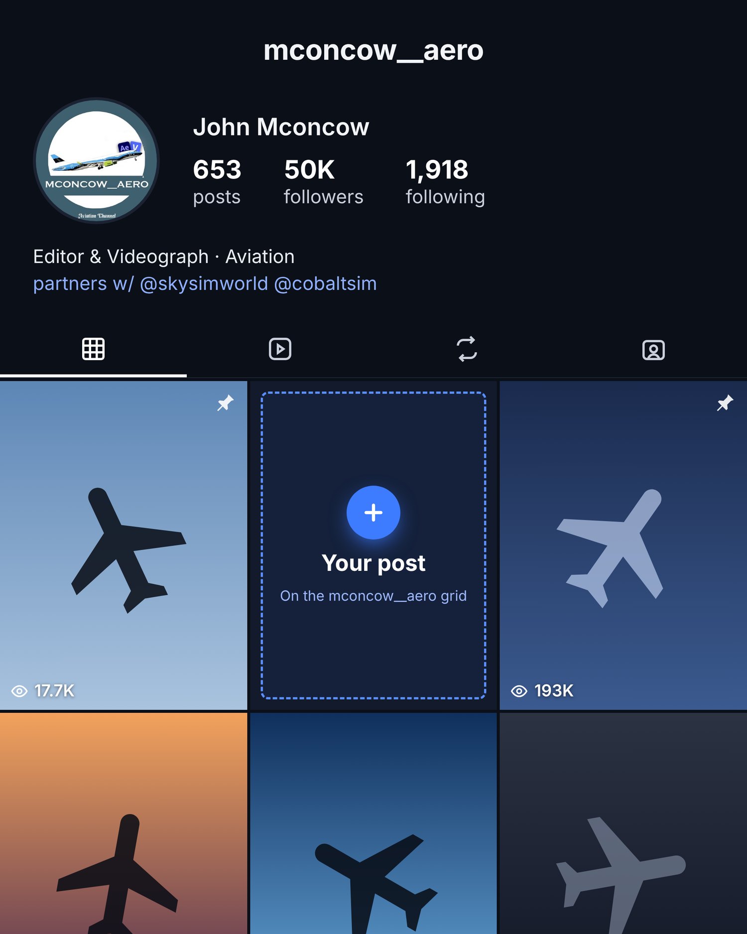 Mockup of the mconcow__aero Instagram profile with a blank square marked Your post in the grid