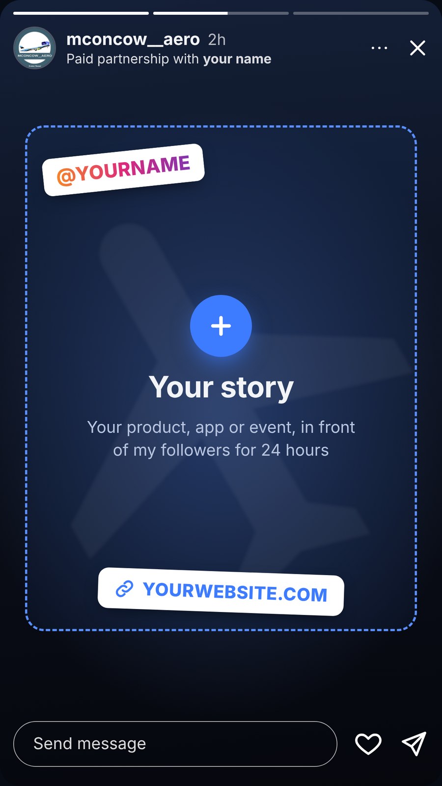 Mockup of an Instagram story from mconcow__aero marked Paid partnership with your name, with a Your story slot, an @YOURNAME mention and a YOURWEBSITE.COM link sticker